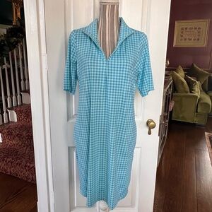 Blue Gingham Women's lands end dress small zip neck slick material D323